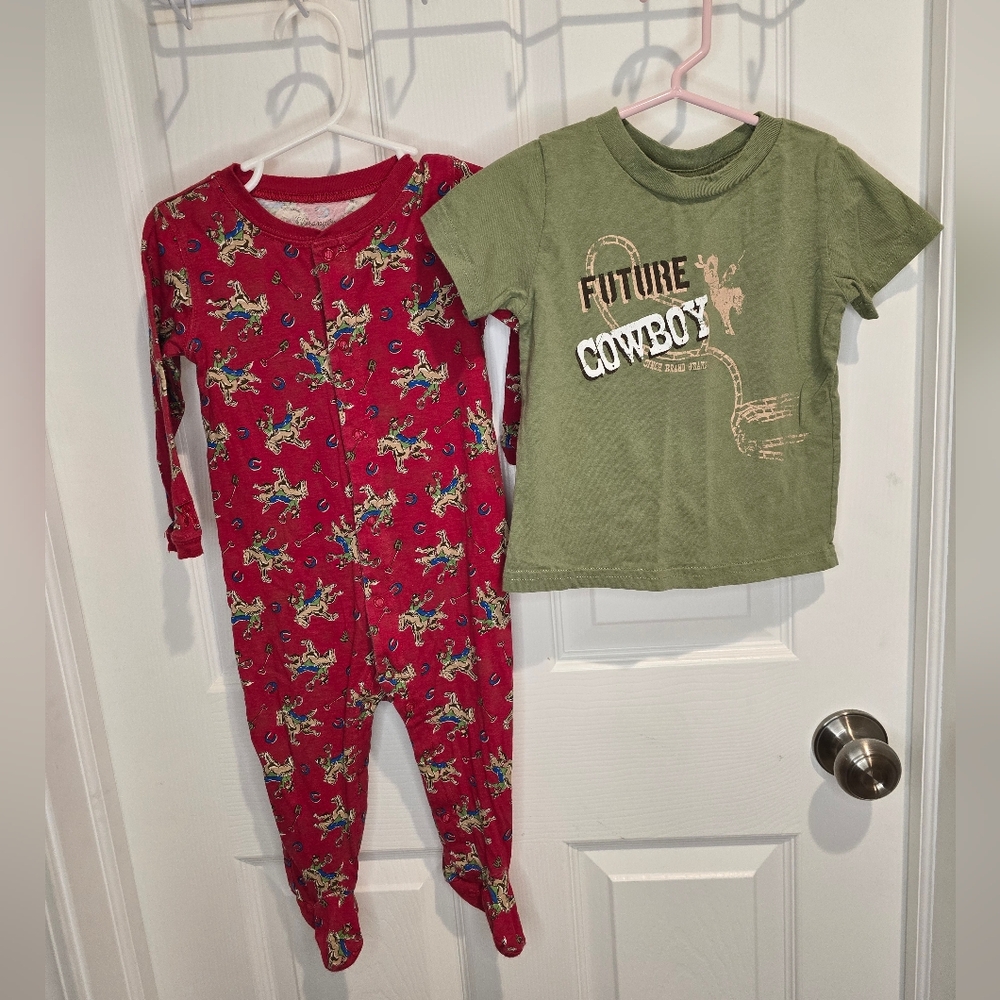 Kids Red Cowboy One Piece Footed Button-Up Pajama and Green Cowboy  T-Shirt